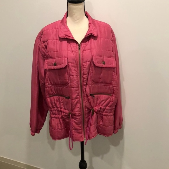 Vintage Femme Spirit 80’s Silk Quilted Bomber Jacket hot pink  cinch waist SZ L - Picture 1 of 12